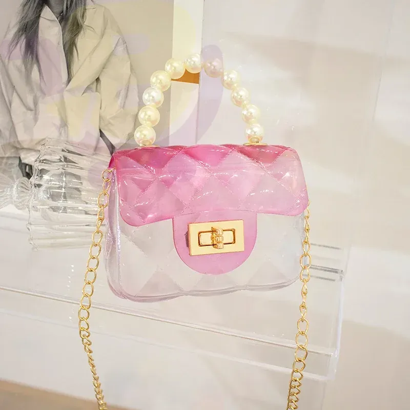 The bag body is with crystal look with blend of pink blue
